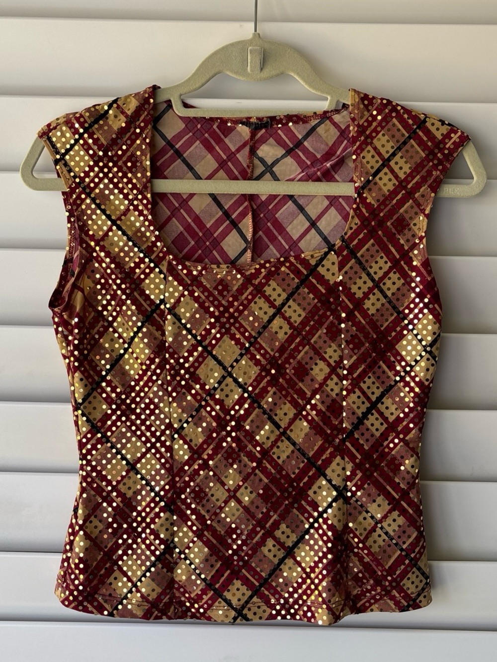 Vintage 90s Y2K Fairy Grunge Square Neck Burgundy Plaid Gold Sequin Top Size S